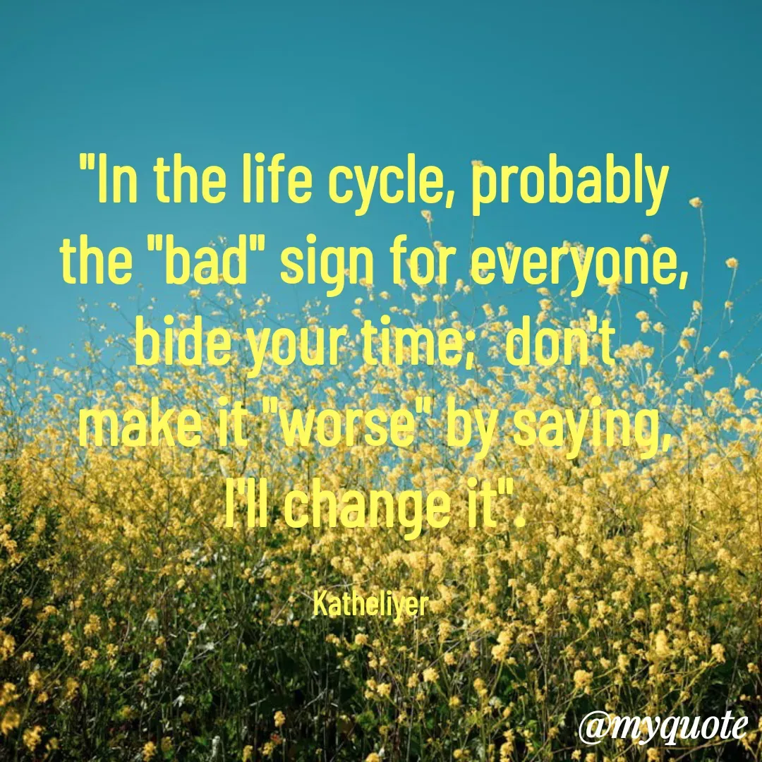 Quote by MANOHARAN ST - "In the life cycle, probably
the "bad" sign for everyone,
bide your time;  don't
make it "worse" by saying,
I'll change it".

Katheliyer  - Made using Quotes Creator App, Post Maker App