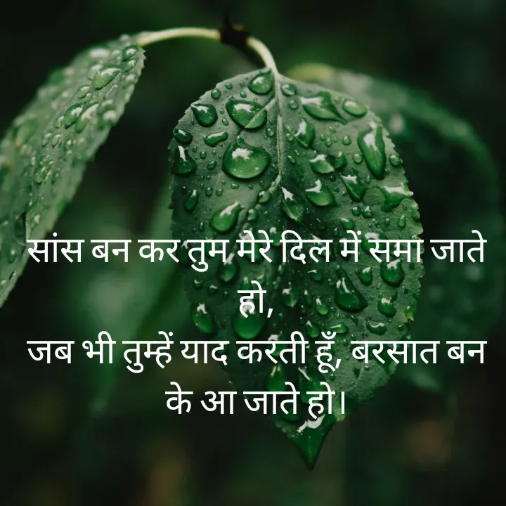 Quote by शताक्षी राजपूत ✍🏻✍🏻 - सांस बन कर तुम मेरे दिल में समा जाते हो,
जब भी तुम्हें याद करती हूँ, बरसात बन के आ जाते हो। - Made using Quotes Creator App, Post Maker App