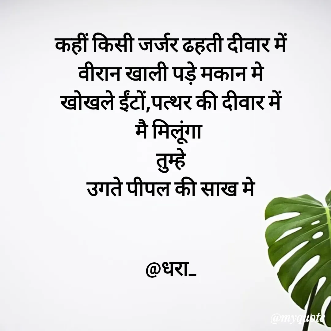 Quote by धराजय 💔💔 - कहीं किसी जर्जर ढहती दीवार में
 वीरान खाली पड़े मकान मे 
खोखले ईंटों,पत्थर की दीवार में
मै मिलूंगा 
तुम्हे
उगते पीपल की साख मे


@धरा_ - Made using Quotes Creator App, Post Maker App