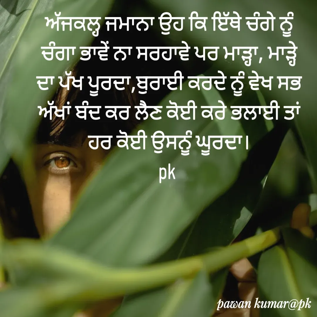 Quote by Pawan Kumar - ਅੱਜਕਲ੍ਹ ਜਮਾਨਾ ਉਹ ਕਿ ਇੱਥੇ ਚੰਗੇ ਨੂੰ ਚੰਗਾ ਭਾਵੇਂ ਨਾ ਸਰਹਾਵੇ ਪਰ ਮਾੜ੍ਹਾ, ਮਾੜ੍ਹੇ ਦਾ ਪੱਖ ਪੂਰਦਾ,ਬੁਰਾਈ ਕਰਦੇ ਨੂੰ ਵੇਖ ਸਭ ਅੱਖਾਂ ਬੰਦ ਕਰ ਲੈਣ ਕੋਈ ਕਰੇ ਭਲਾਈ ਤਾਂ ਹਰ ਕੋਈ ਉਸਨੂੰ ਘੂਰਦਾ।
pk  - Made using Quotes Creator App, Post Maker App