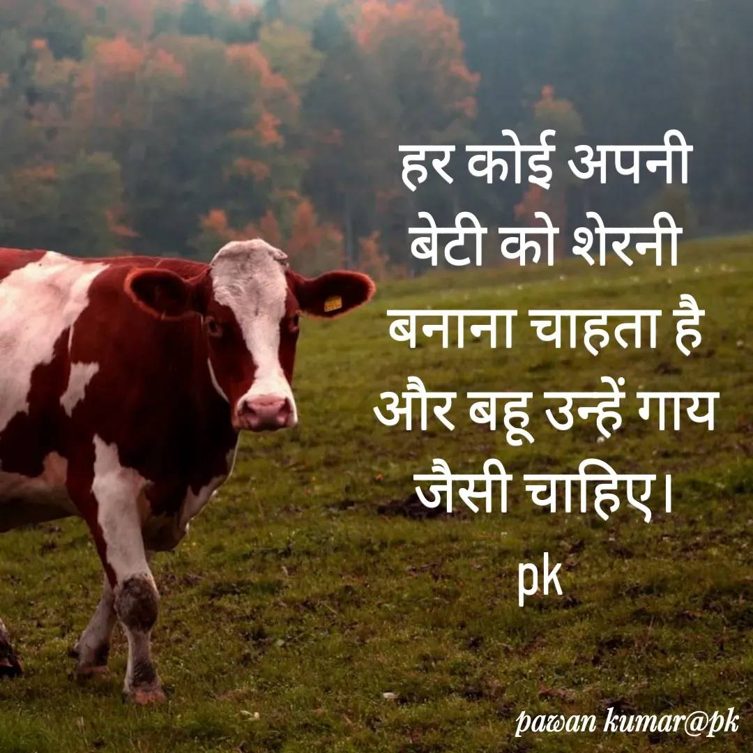 Quote by Pawan Kumar - हर कोई अपनी बेटी को शेरनी बनाना चाहता है और बहू उन्हें गाय जैसी चाहिए।
pk  - Made using Quotes Creator App, Post Maker App