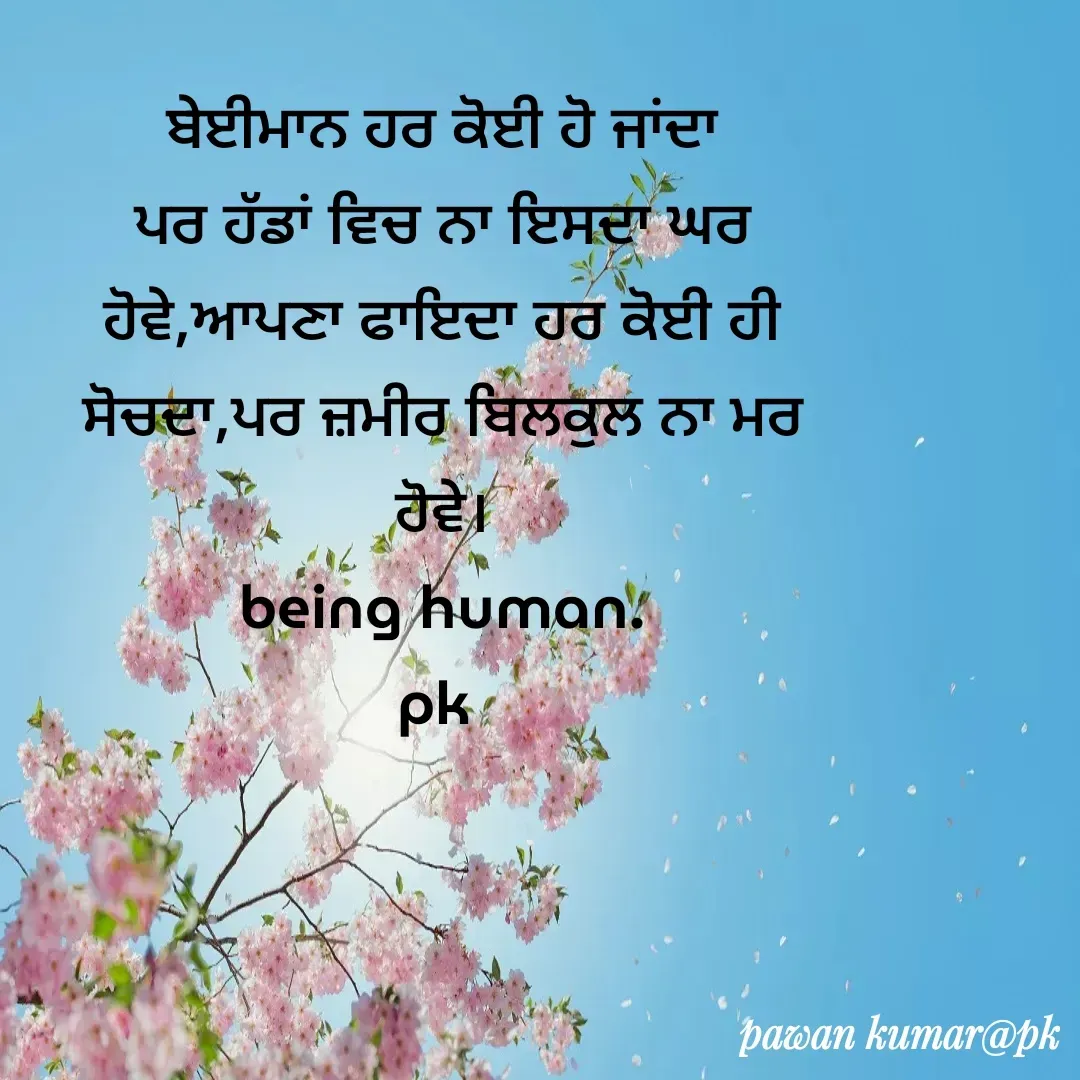 Quote by Pawan Kumar - ਬੇਈਮਾਨ ਹਰ ਕੋਈ ਹੋ ਜਾਂਦਾ ਪਰ ਹੱਡਾਂ ਵਿਚ ਨਾ ਇਸਦਾ ਘਰ ਹੋਵੇ,ਆਪਣਾ ਫਾਇਦਾ ਹਰ ਕੋਈ ਹੀ ਸੋਚਦਾ,ਪਰ ਜ਼ਮੀਰ ਬਿਲਕੁਲ ਨਾ ਮਰ ਹੋਵੇ।
being human.
pk  - Made using Quotes Creator App, Post Maker App