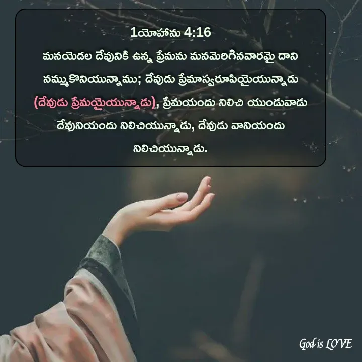 Quote by Venny - 1యోహాను 4:16
మనయెడల దేవునికి ఉన్న ప్రేమను మనమెరిగినవారమై దాని నమ్ముకొనియున్నాము; దేవుడు ప్రేమాస్వరూపియైయున్నాడు (దేవుడు ప్రేమయైయున్నాడు), ప్రేమయందు నిలిచి యుండువాడు దేవునియందు నిలిచియున్నాడు, దేవుడు వానియందు నిలిచియున్నాడు.
 - Made using Quotes Creator App, Post Maker App