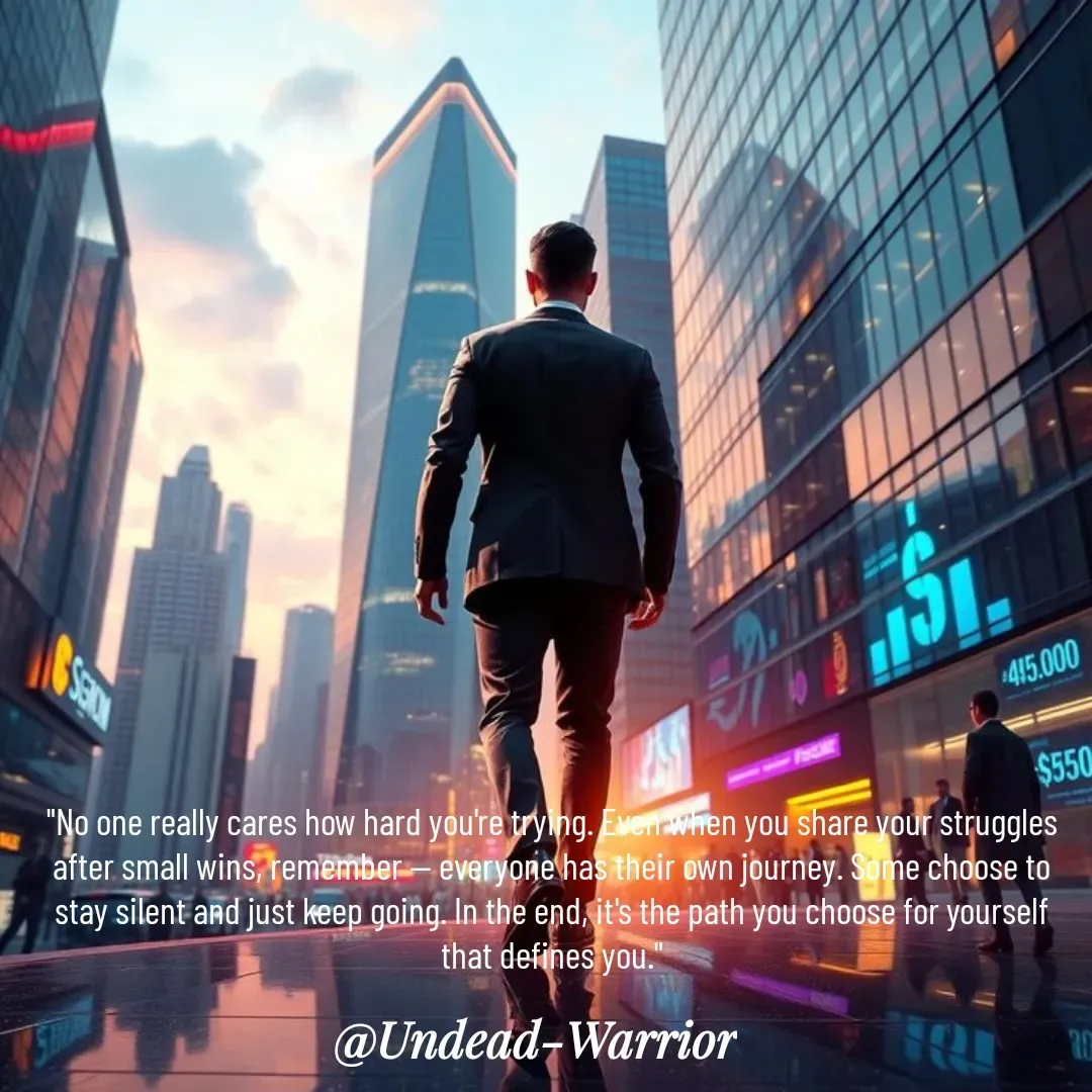 Quote by Vishal Singh - 

"No one really cares how hard you're trying. Even when you share your struggles after small wins, remember — everyone has their own journey. Some choose to stay silent and just keep going. In the end, it's the path you choose for yourself that defines you."



 - Made using Quotes Creator App, Post Maker App