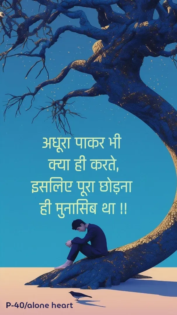 Quote by Alone Heart ✍️✍️ - अधूरा पाकर भी 
क्या ही करते,
इसलिए पूरा छोड़ना 
ही मुनासिब था !!P-40/alone heart  - Made using Quotes Creator App, Post Maker App