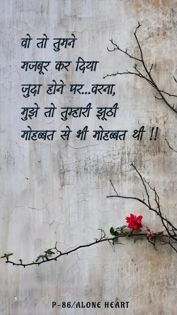 Quote by Alone Heart ✍️✍️ - वो तो तुमने 
मजबूर कर दिया 
जुदा होने पर...वरना,
मुझे तो तुम्हारी झूठी 
मोहब्बत से भी मोहब्बत थी !!P-86/ALONE HEART  - Made using Quotes Creator App, Post Maker App