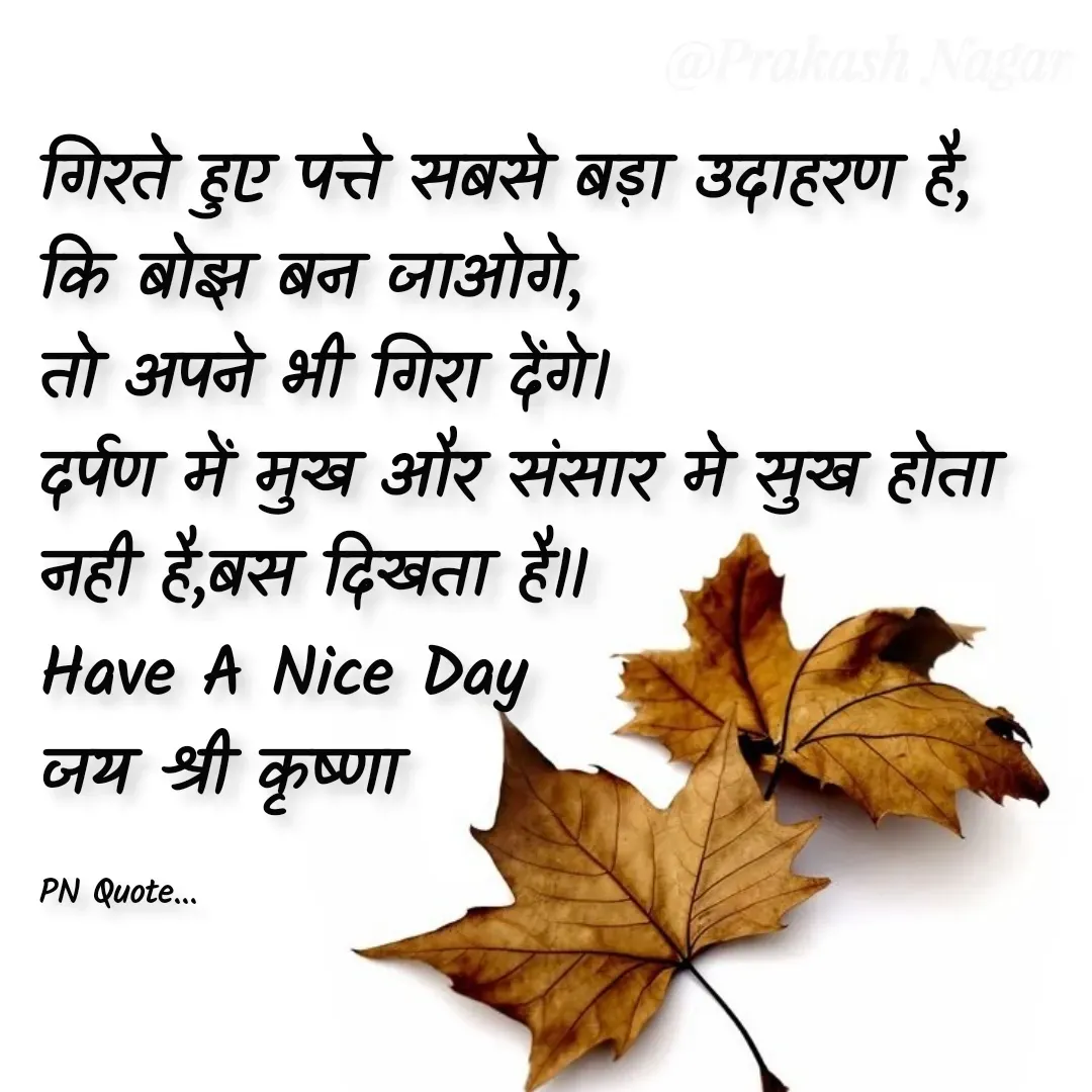 Quote by Positives<>Negatives - गिरते हुए पत्ते सबसे बड़ा उदाहरण है,
कि बोझ बन जाओगे, 
तो अपने भी गिरा देंगे। 
दर्पण में मुख और संसार मे सुख होता नही है,बस दिखता है॥
Have A Nice Day
जय श्री कृष्णा 

PN Quote... - Made using Quotes Creator App, Post Maker App