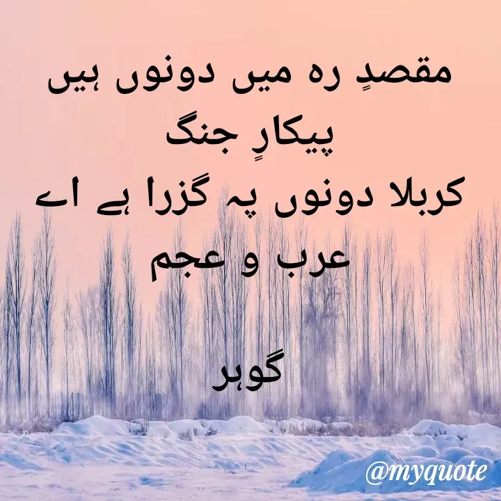 Quote by Altaf Gohar - مقصدٍ رہ میں دونوں ہیں پیکارٍ جنگ
کربلا دونوں پہ گزرا ہے اے عرب و عجم

گوہر - Made using Quotes Creator App, Post Maker App