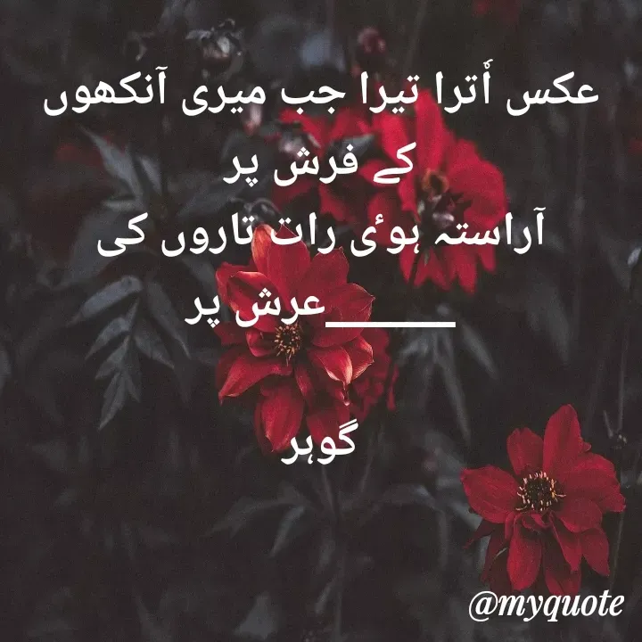 Quote by Altaf Gohar - عکس اٗترا تیرا جب میری آنکھوں کے فرش پر
آراستہ ہوٸ رات تاروں کی ________عرش پر

گوہر - Made using Quotes Creator App, Post Maker App