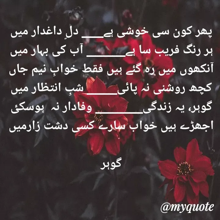 Quote by Altaf Gohar - پھر کون سی خوشی ہے_____ دلٍ داغدار میں
ہر رنگ فریب سا ہے_________ آب کی بہار میں
آنکھوں میں رہ گئے ہیں فقط خوابِ نیم جاں
کچھ روشنی نہ پائی_______ شبِ انتظار میں
گوہر، یہ زندگی___________ وفادار نہ  ہوسکٸ
اجھڑے ہیں خواب سارے کسی دشت زارمیں

گوہر - Made using Quotes Creator App, Post Maker App