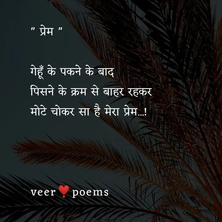 Quote by Veer - " प्रेम "

गेहूँ के पकने के बाद
पिसने के क्रम से बाहर रहकर
मोटे चोकर सा है मेरा प्रेम...!



veer❣️poems - Made using Quotes Creator App, Post Maker App