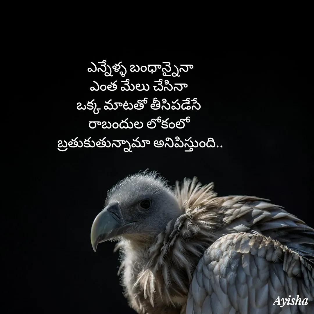 Quote by New life * - ఎన్నేళ్ళ బంధాన్నైనా
ఎంత మేలు చేసినా 
ఒక్క మాటతో తీసిపడేసే 
రాబందుల లోకంలో 
బ్రతుకుతున్నామా అనిపిస్తుంది.. - Made using Quotes Creator App, Post Maker App