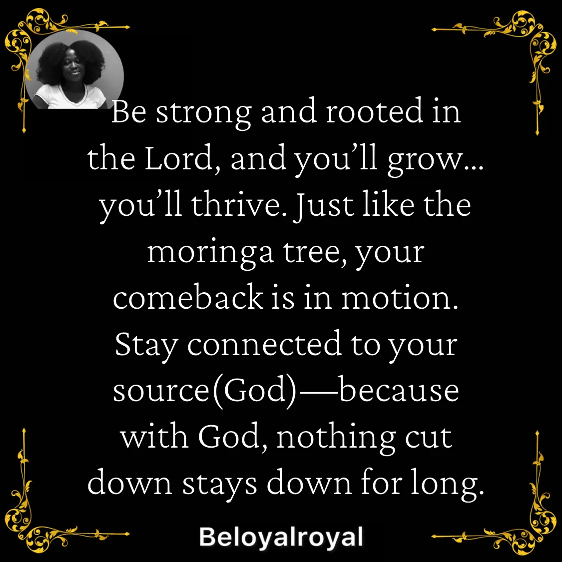 Quote by Bevelyn Mensah -  
 
Be strong and rooted in the Lord, and you’ll grow… you’ll thrive. Just like the moringa tree, your comeback is in motion. Stay connected to your source(God)—because with God, nothing cut down stays down for long. - Made using Quotes Creator App, Post Maker App