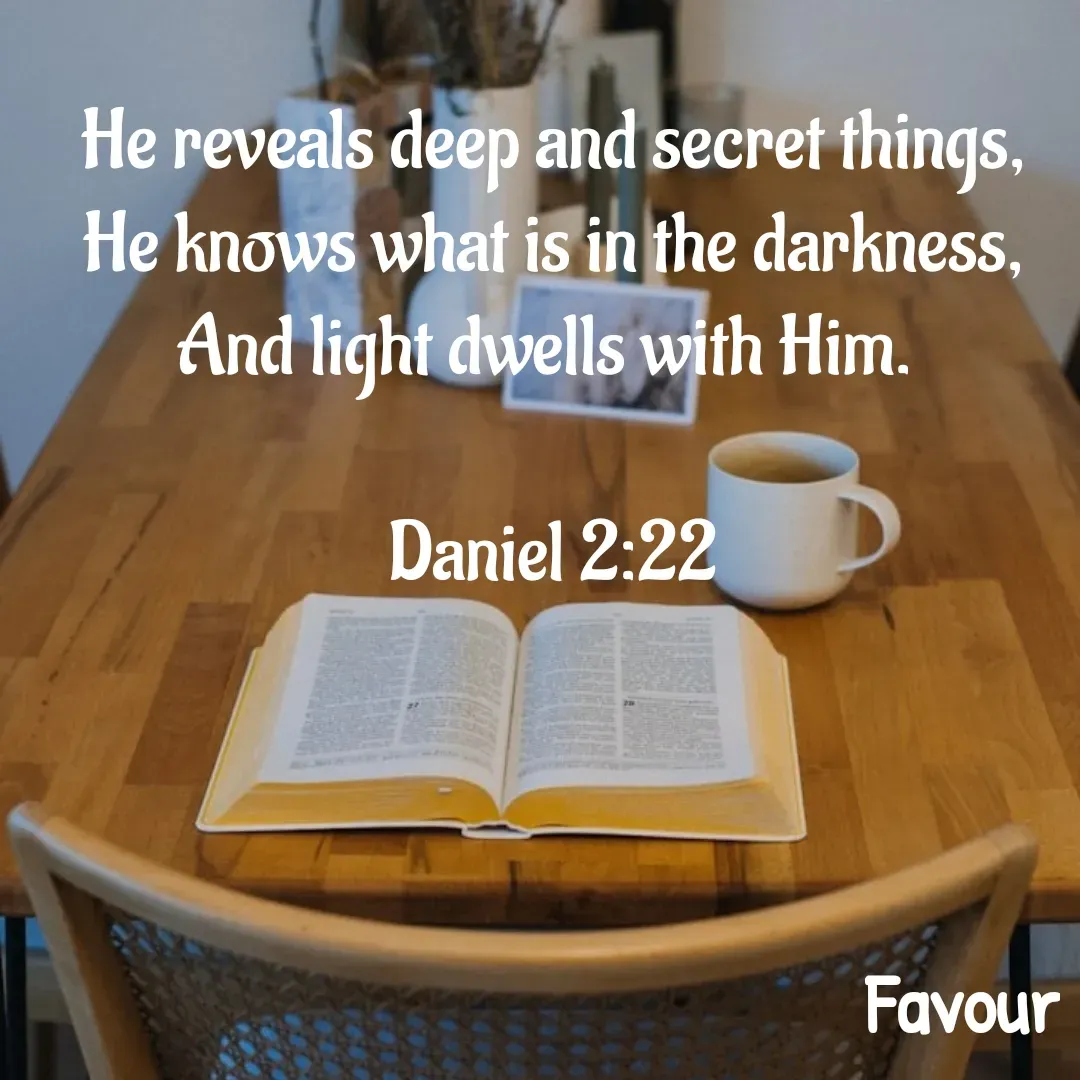 Quote by Favour - He reveals deep and secret things,
He knows what is in the darkness,
And light dwells with Him. 

Daniel 2:22 - Made using Quotes Creator App, Post Maker App