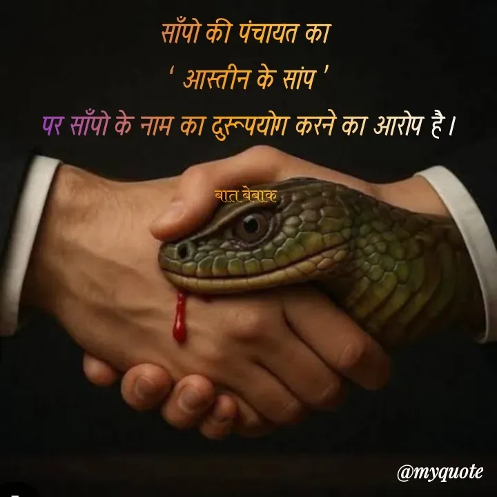 Quote by बात बेबाक - साँपो की पंचायत का 
 ‘ आस्तीन के सांप ’ 
पर साँपो के नाम का दुरूपयोग करने का आरोप है ।

बात बेबाक  - Made using Quotes Creator App, Post Maker App