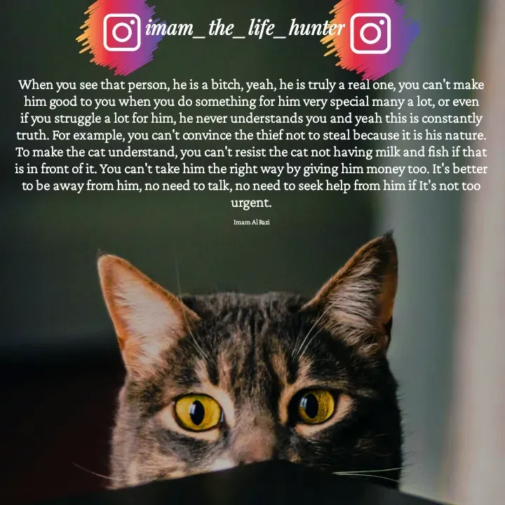 Quote by Imam Al Razi - When you see that person, he is a bitch, yeah, he is truly a real one, you can't make him good to you when you do something for him very special many a lot, or even if you struggle a lot for him, he never understands you and yeah this is constantly truth. For example, you can't convince the thief not to steal because it is his nature. To make the cat understand, you can't resist the cat not having milk and fish if that is in front of it. You can't take him the right way by giving him money too. It's better to be away from him, no need to talk, no need to seek help from him if It's not too urgent.

Imam Al Razi - Made using Quotes Creator App, Post Maker App
