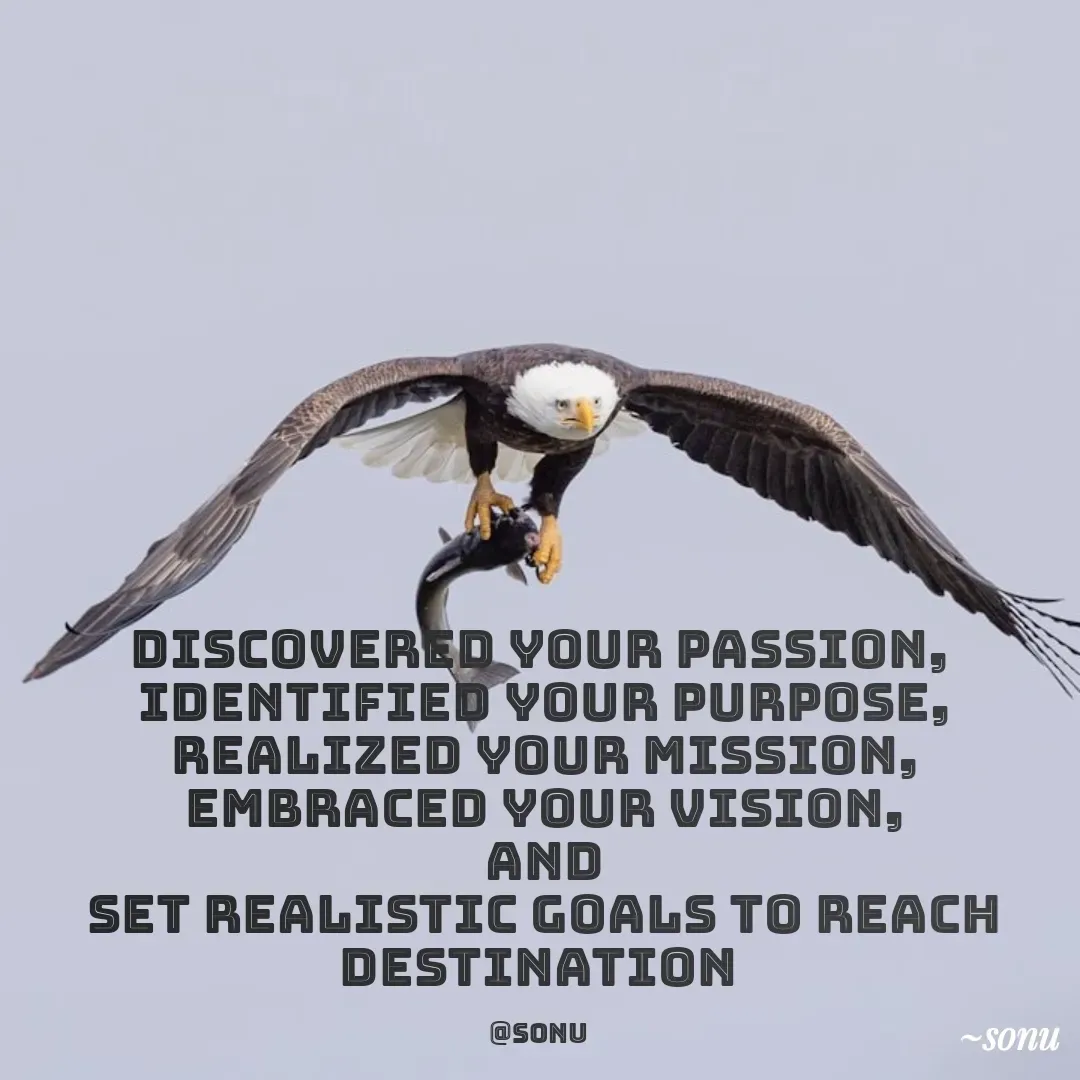 Quote by SK Mahto - Discovered your passion,
 Identified your purpose,
 Realized your mission,
 Embraced your vision,
 and
 set realistic goals to reach destination

@sonu - Made using Quotes Creator App, Post Maker App