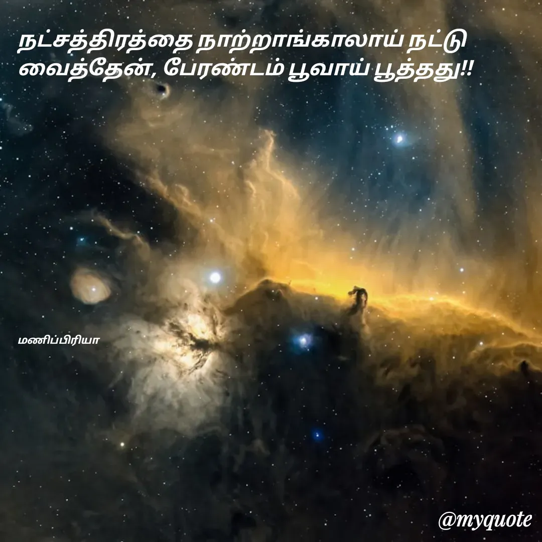 Quote by MP - நட்சத்திரத்தை நாற்றாங்காலாய் நட்டு வைத்தேன், பேரண்டம் பூவாய் பூத்தது!!











மணிப்பிரியா - Made using Quotes Creator App, Post Maker App