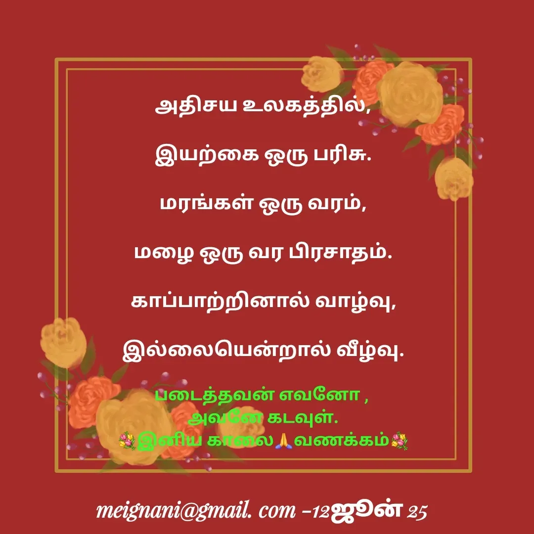 Quote by meignani perumal - அதிசய உலகத்தில்,
 
இயற்கை ஒரு பரிசு.

மரங்கள் ஒரு வரம்,

மழை ஒரு வர பிரசாதம்.

காப்பாற்றினால் வாழ்வு,

இல்லையென்றால் வீழ்வு.படைத்தவன் எவனோ , 
அவனே கடவுள்.
💐இனிய காலை🙏வணக்கம்💐 - Made using Quotes Creator App, Post Maker App