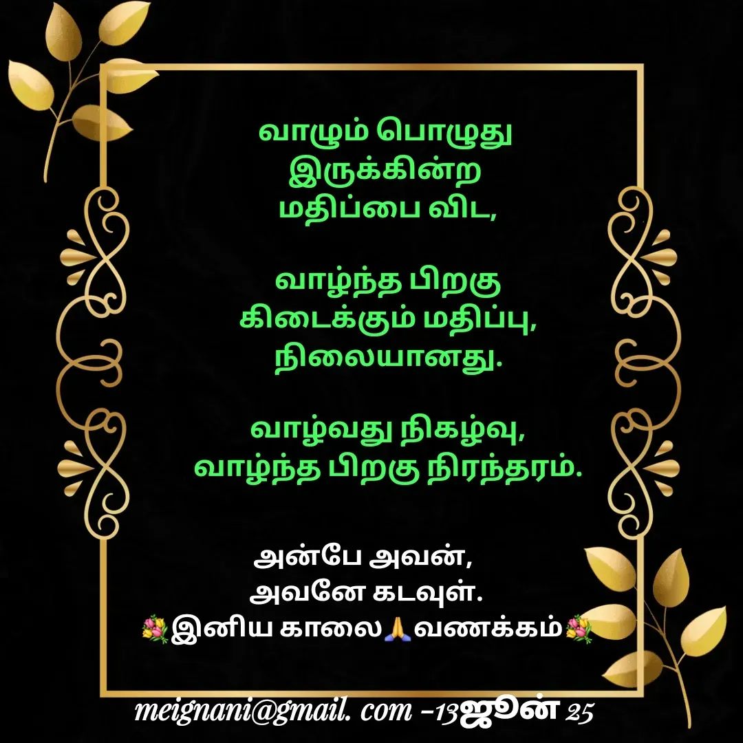 Quote by meignani perumal - வாழும் பொழுது 
இருக்கின்ற 
மதிப்பை விட,

வாழ்ந்த பிறகு
 கிடைக்கும் மதிப்பு, 
நிலையானது.

வாழ்வது நிகழ்வு,
வாழ்ந்த பிறகு நிரந்தரம்.அன்பே அவன், 
அவனே கடவுள்.
💐இனிய காலை🙏வணக்கம்💐 - Made using Quotes Creator App, Post Maker App