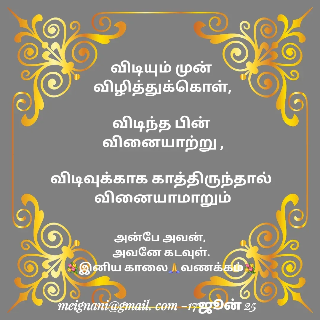 Quote by meignani perumal - விடியும் முன் 
விழித்துக்கொள்,

விடிந்த பின் 
வினையாற்று ,

விடிவுக்காக காத்திருந்தால் 
வினையாமாறும்அன்பே அவன், 
அவனே கடவுள்.
💐இனிய காலை🙏வணக்கம்💐 - Made using Quotes Creator App, Post Maker App