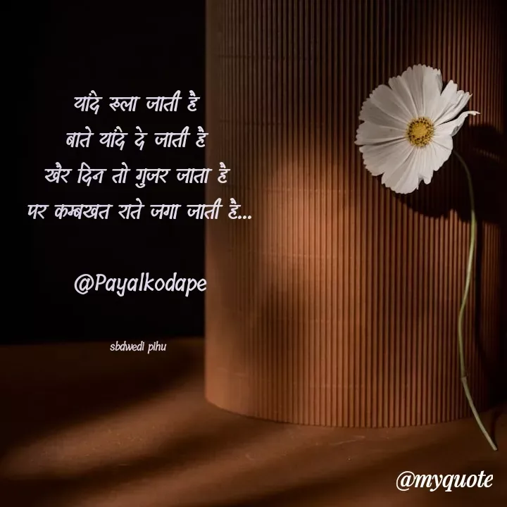 Quote by Payal Kodape - यांदे रुला जाती है 
बाते यांदे दे जाती है 
खैर दिन तो गुजर जाता है 
पर कम्बखत राते जगा जाती है...

@Payalkodape


sbdwedi pihu  - Made using Quotes Creator App, Post Maker App