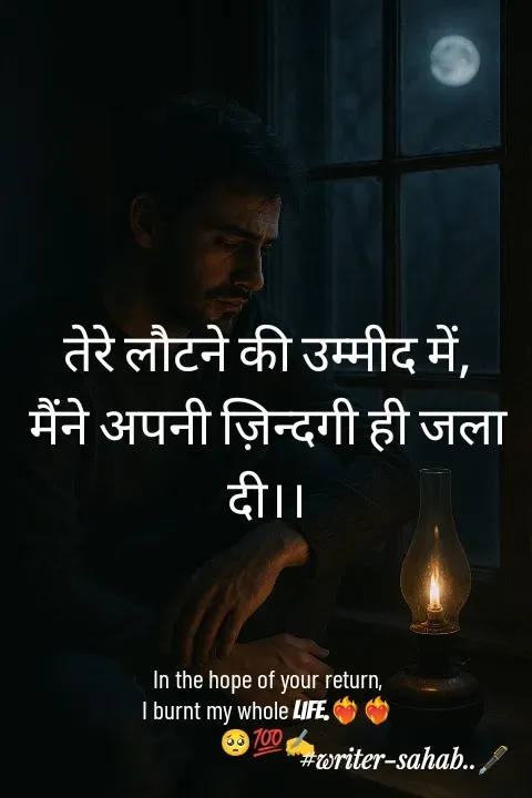 Quote by Writer0034 - तेरे लौटने की उम्मीद में,
मैंने अपनी ज़िन्दगी ही जला दी।।



In the hope of your return,
I burnt my whole life.❤️‍🔥❤️‍🔥
🥺💯✍️ - Made using Quotes Creator App, Post Maker App