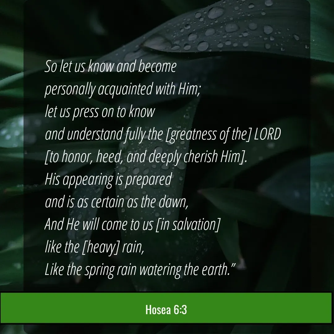 Quote by Mary Trevino - So let us know and become 
personally acquainted with Him; 
let us press on to know 
and understand fully the [greatness of the] LORD 
[to honor, heed, and deeply cherish Him]. 
His appearing is prepared 
and is as certain as the dawn, 
And He will come to us [in salvation] 
like the [heavy] rain, 
Like the spring rain watering the earth.”Hosea 6:3 - Made using Quotes Creator App, Post Maker App