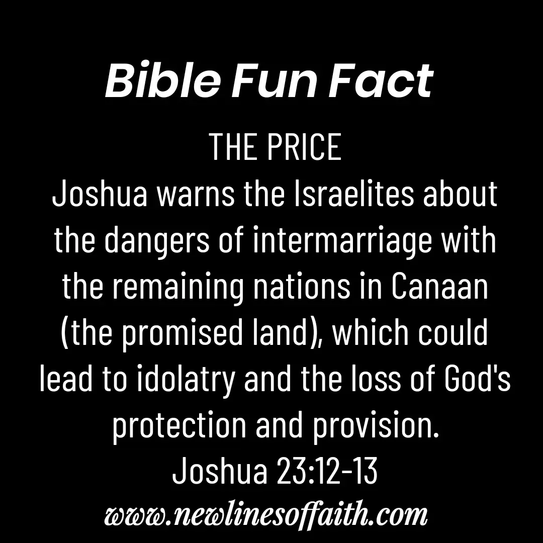 Quote by Glenda Files Durham - THE PRICE
Joshua warns the Israelites about the dangers of intermarriage with the remaining nations in Canaan (the promised land), which could lead to idolatry and the loss of God's protection and provision.
Joshua 23:12-13 - Made using Quotes Creator App, Post Maker App