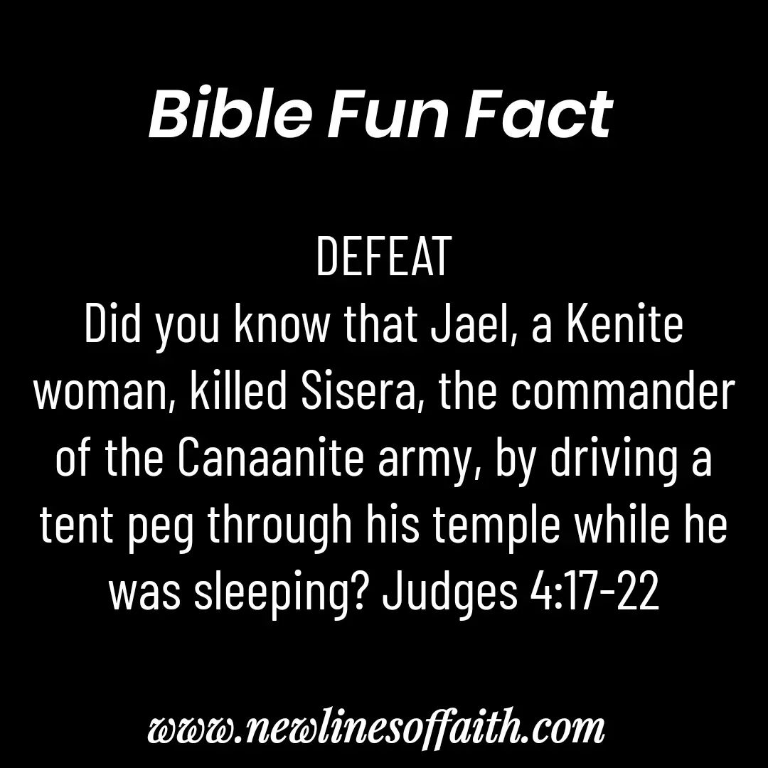 Quote by Glenda Files Durham - DEFEAT
Did you know that Jael, a Kenite woman, killed Sisera, the commander of the Canaanite army, by driving a tent peg through his temple while he was sleeping? Judges 4:17-22 - Made using Quotes Creator App, Post Maker App