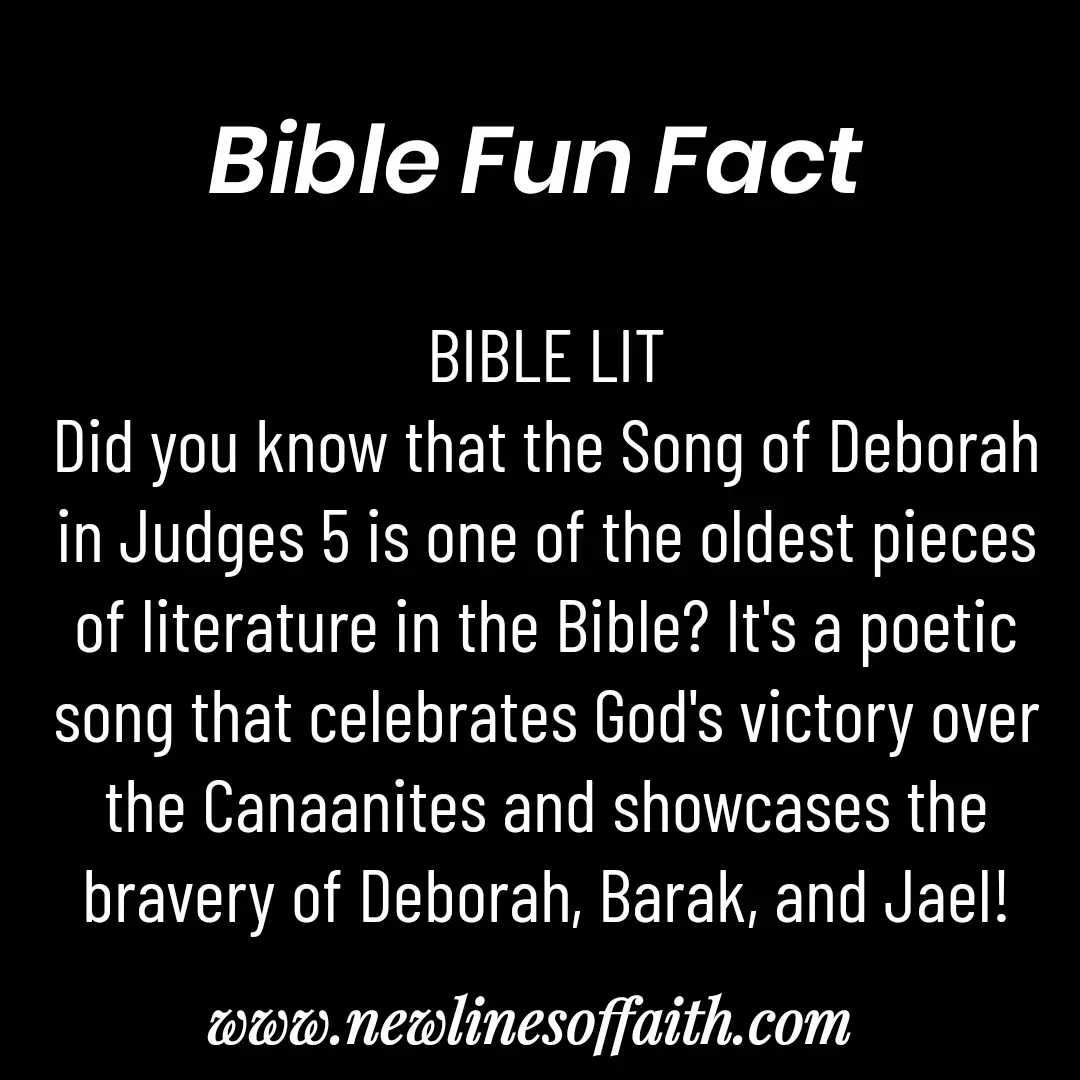 Quote by Glenda Files Durham - BIBLE LIT
Did you know that the Song of Deborah in Judges 5 is one of the oldest pieces of literature in the Bible? It's a poetic song that celebrates God's victory over the Canaanites and showcases the bravery of Deborah, Barak, and Jael! - Made using Quotes Creator App, Post Maker App