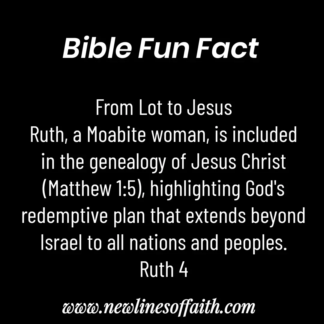 Quote by Glenda Files Durham - From Lot to Jesus
Ruth, a Moabite woman, is included
in the genealogy of Jesus Christ
(Matthew 1:5), highlighting God's redemptive plan that extends beyond Israel to all nations and peoples.
Ruth 4 - Made using Quotes Creator App, Post Maker App