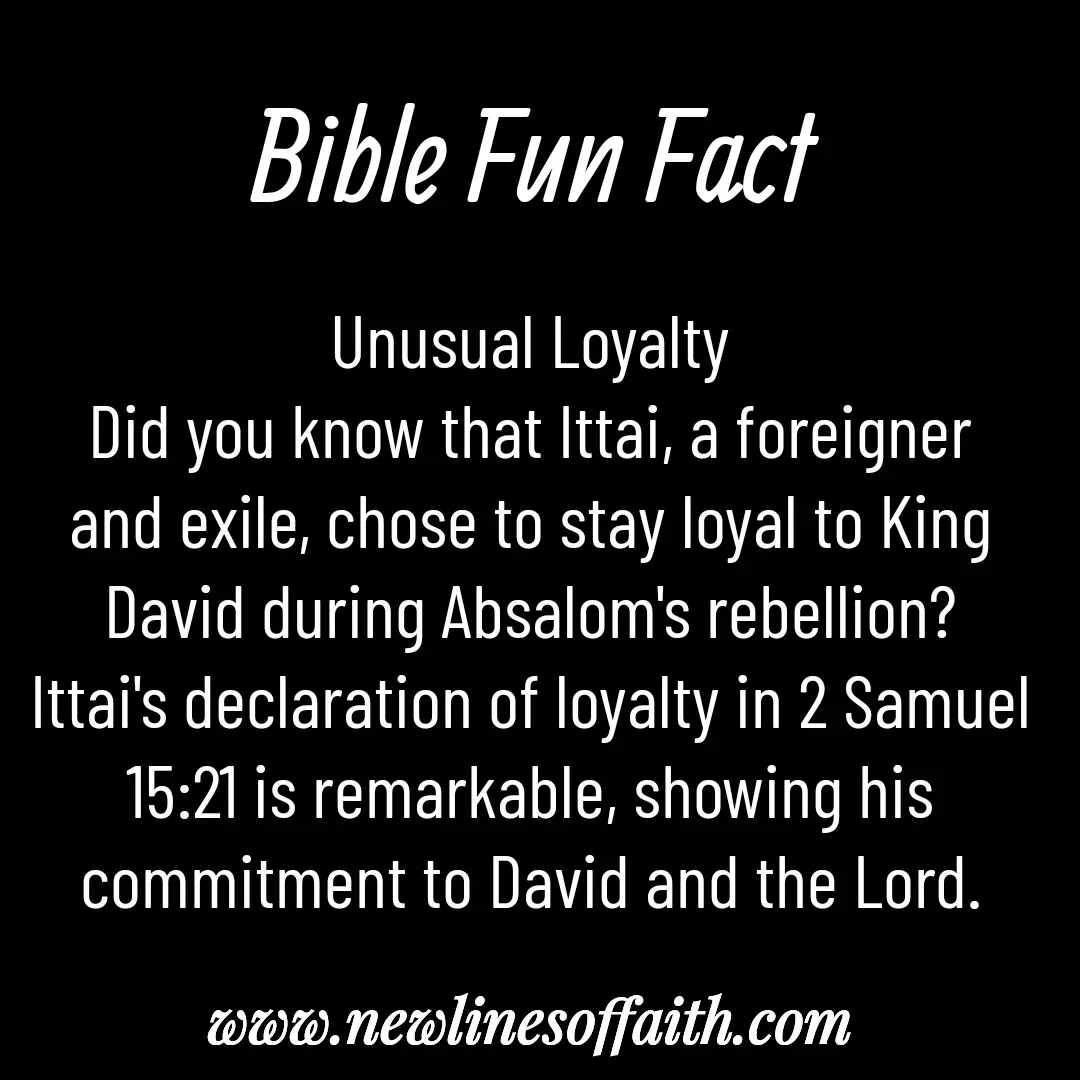 Quote by Glenda Files Durham - Unusual Loyalty
Did you know that Ittai, a foreigner and exile, chose to stay loyal to King David during Absalom's rebellion? Ittai's declaration of loyalty in 2 Samuel 15:21 is remarkable, showing his commitment to David and the Lord. - Made using Quotes Creator App, Post Maker App