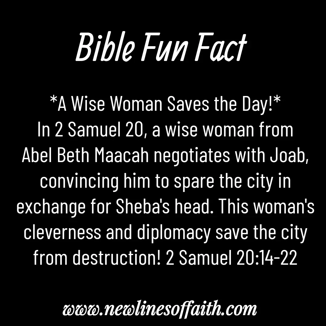 Quote by Glenda Files Durham - *A Wise Woman Saves the Day!*
In 2 Samuel 20, a wise woman from Abel Beth Maacah negotiates with Joab, convincing him to spare the city in exchange for Sheba's head. This woman's cleverness and diplomacy save the city from destruction! 2 Samuel 20:14-22 - Made using Quotes Creator App, Post Maker App