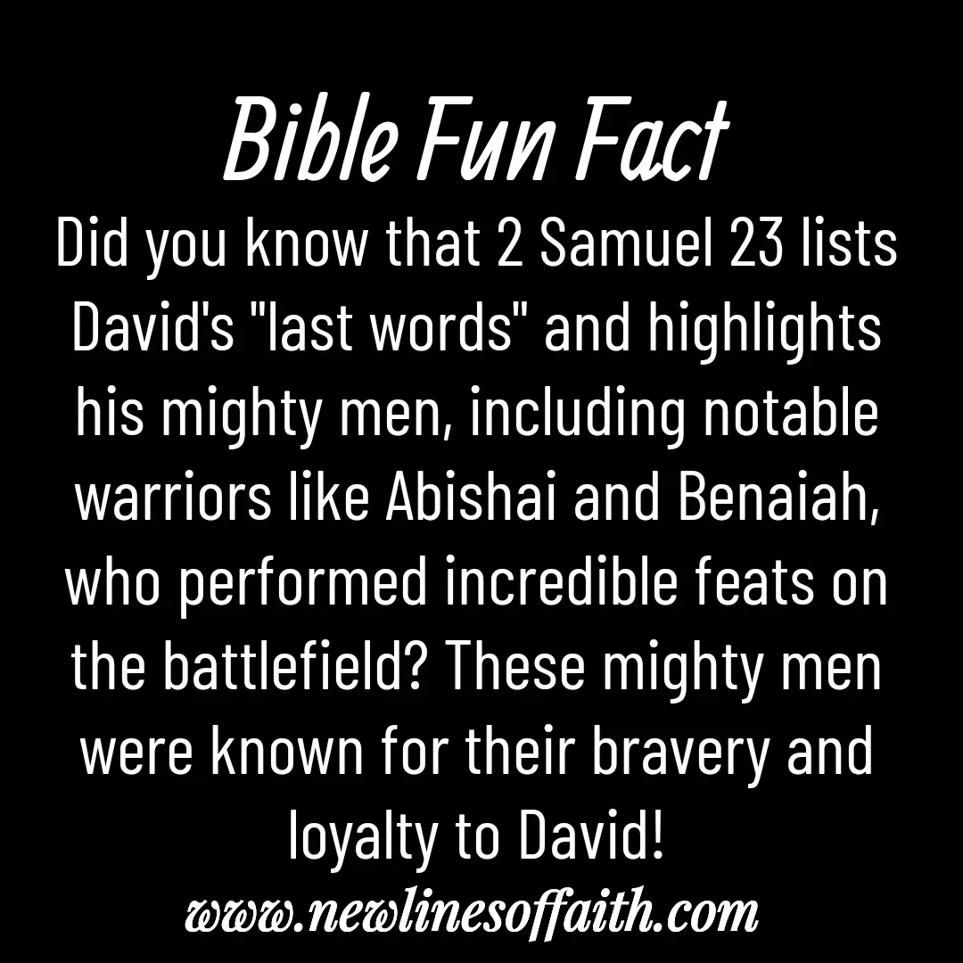 Quote by Glenda Files Durham - Did you know that 2 Samuel 23 lists David's "last words" and highlights his mighty men, including notable warriors like Abishai and Benaiah, who performed incredible feats on the battlefield? These mighty men were known for their bravery and loyalty to David! - Made using Quotes Creator App, Post Maker App