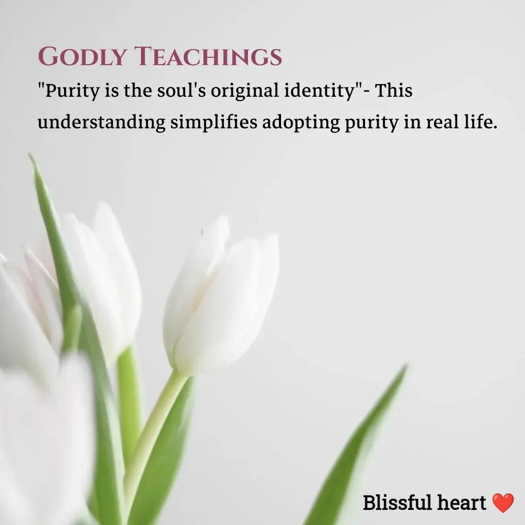 Quote by Disha B - Godly Teachings
"Purity is the soul's original identity"- This understanding simplifies adopting purity in real life. - Made using Quotes Creator App, Post Maker App