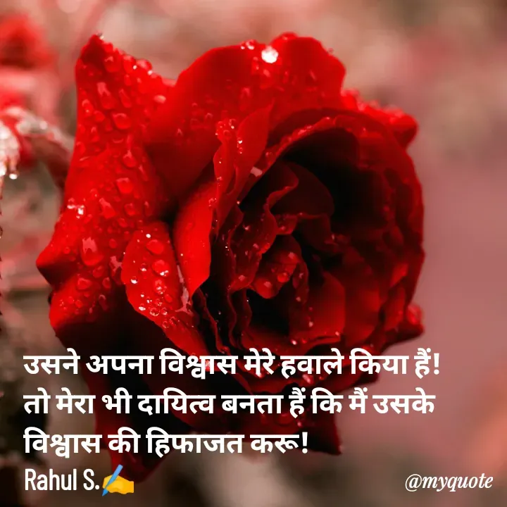 Quote by Rahul S. - उसने अपना विश्वास मेरे हवाले किया हैं! 
तो मेरा भी दायित्व बनता हैं कि मैं उसके  
विश्वास की हिफाजत करू!
Rahul S.✍️ - Made using Quotes Creator App, Post Maker App